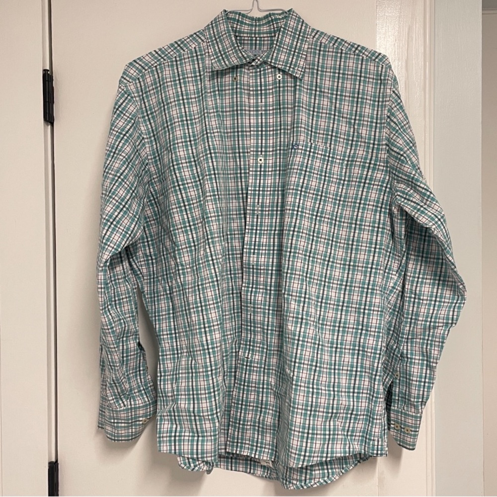Southern Tide Teal and White Checkered Shirt